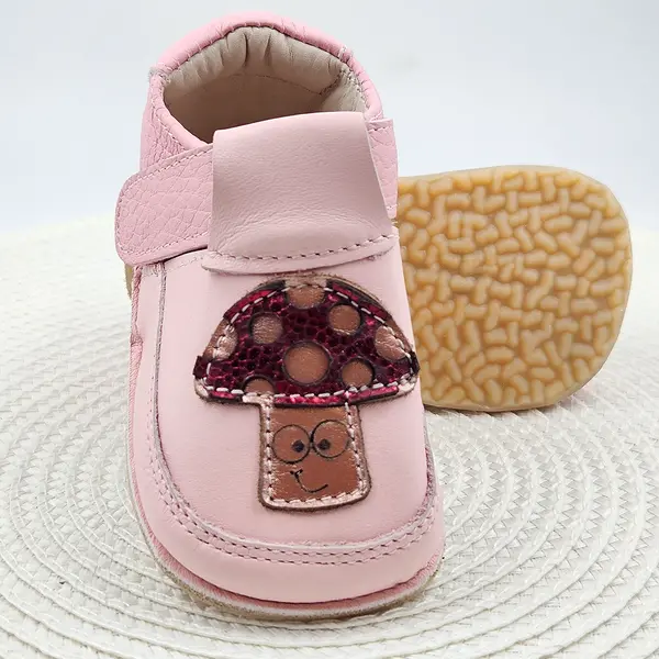 Pantofi barefoot copii primii pași din piele naturală cu talpă flexibilă – roz cu model ciupercuță_RO-16-21-22_Pebebe