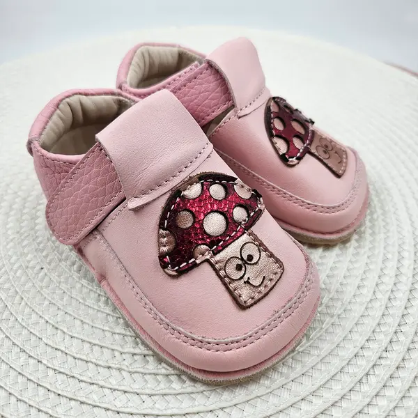 Pantofi barefoot copii primii pași din piele naturală cu talpă flexibilă – roz cu model ciupercuță_RO-16-21-22_Pebebe