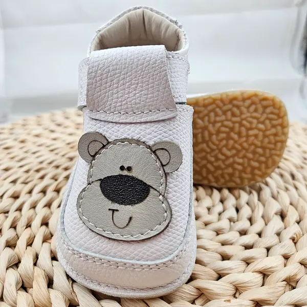 Pantofi barefoot copii primii pași din piele naturală cu talpă flexibilă – ivoar cu model ursulet_RO-16-20-21_Pebebe
