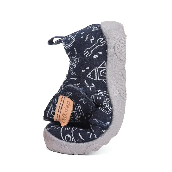 Pantofi copii de interior din material textil, barefoot, talpa flexibila, bleumarin cu imprimeu, D.D Step_C086-52717-20_Pebebe