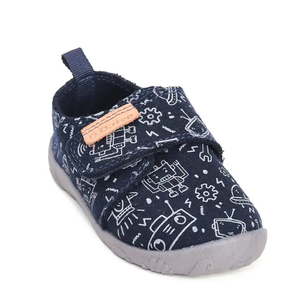 Pantofi copii de interior din material textil, barefoot, talpa flexibila, bleumarin cu imprimeu, D.D Step_C086-52717-20_Pebebe