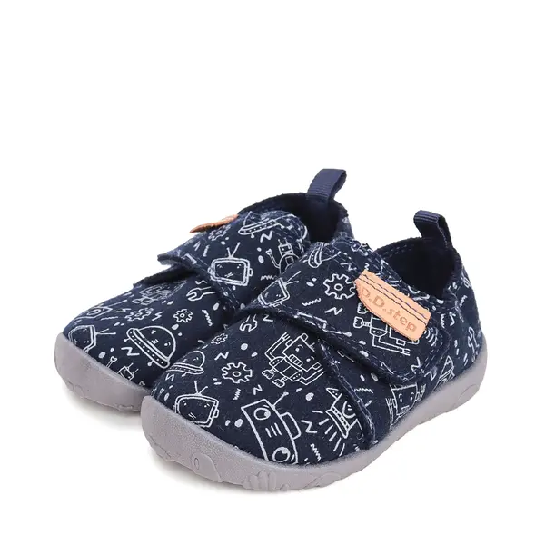 Pantofi copii de interior din material textil, barefoot, talpa flexibila, bleumarin cu imprimeu, D.D Step_C086-52717-20_Pebebe