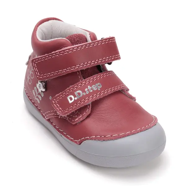 Pantofi D.D. Step fete, piele naturala, primii pasi, talpa felxibila, roz inchis cu flori argintii_S066-52842B-23_Pebebe