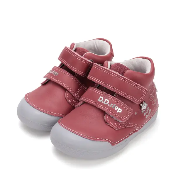 Pantofi D.D. Step fete, piele naturala, primii pasi, talpa felxibila, roz inchis cu flori argintii_S066-52842B-23_Pebebe