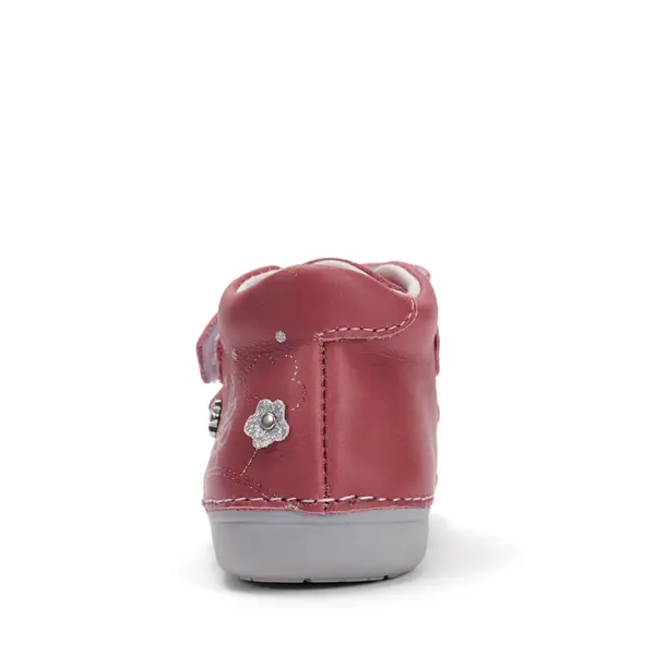 Pantofi D.D. Step fete, piele naturala, primii pasi, talpa felxibila, roz inchis cu flori argintii_S066-52842B-21_Pebebe