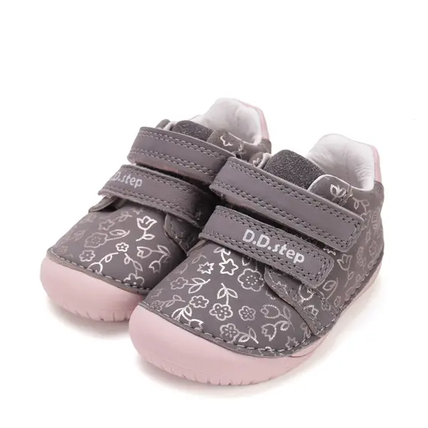 Pantofi D.D Step fete, primii pasi, piele naturala, barefoot, gri cu imprimeu flori roz_S070-52724B-25_Pebebe