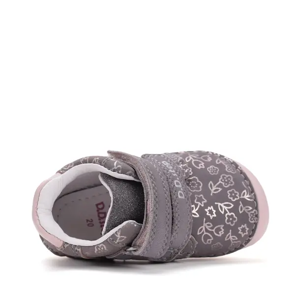 Pantofi D.D Step fete, primii pasi, piele naturala, barefoot, gri cu imprimeu flori roz_S070-52724B-25_Pebebe