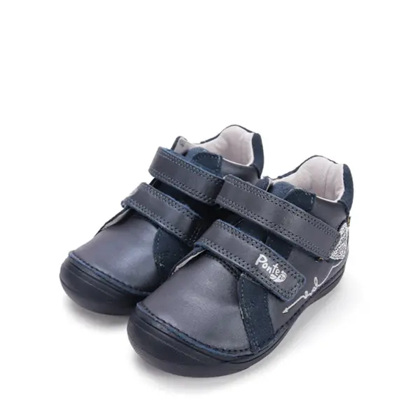 Pantofi din piele naturala cu supinatie pentru fete, bleumarin sidef cu inimioare, Ponte20_DA03-5-2664M-26_Pebebe