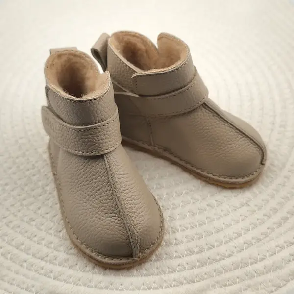 Cizme din piele pentru copii, barefoot, primii pasi, talpa flexibila, imblanite, bej_RO-106-29-22_Pebebe