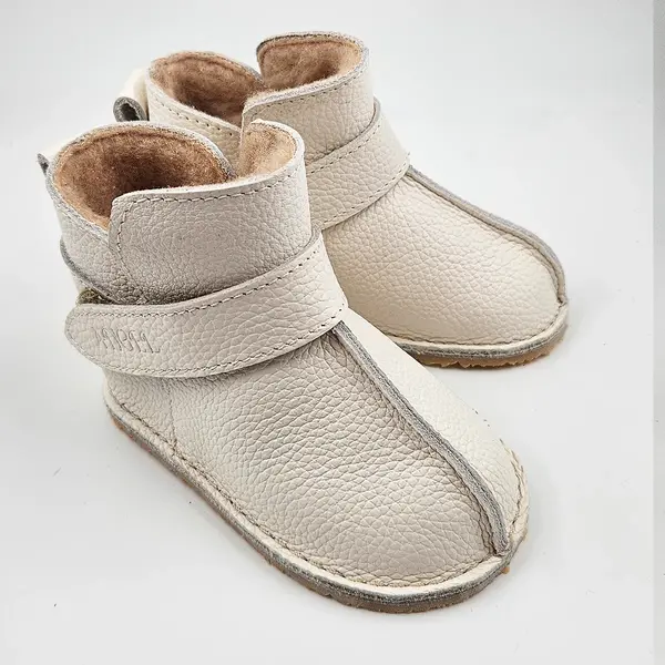 Cizme din piele pentru copii, barefoot, primii pasi, talpa flexibila, imblanite, crem_RO-106-14-18_Pebebe