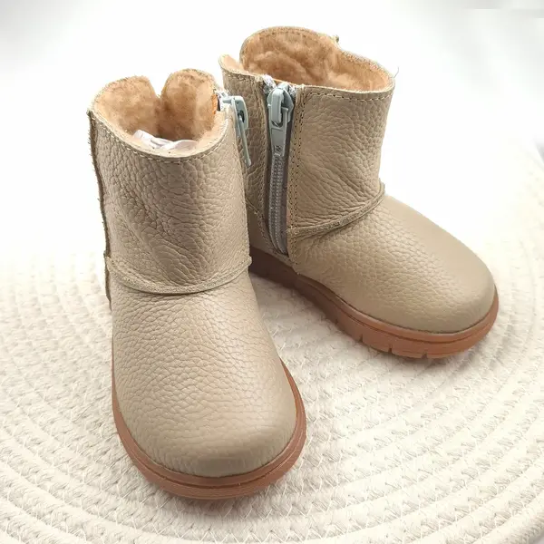Cizme din piele pentru copii, primii pasi, talpa flexibila, imblanite, bej_RO-700-1-23_Pebebe