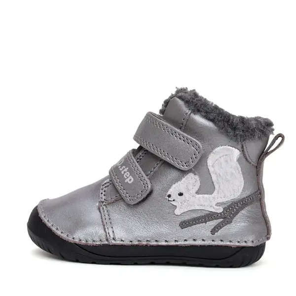 Ghete D.D Step fete, Barefoot, piele naturala, captuseala din blana, gri, emblema cu veverita_W070-52214A-25_Pebebe