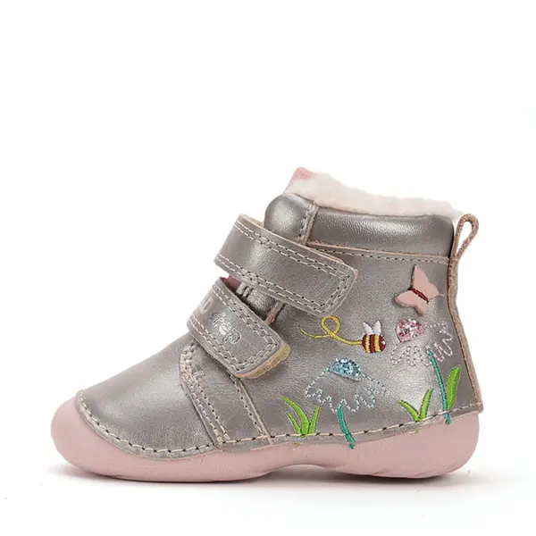 Ghete D.D Step fete, piele naturala, talpa flexibila, imblanite, bronz cu flori si albinute_W015-52997-24_Pebebe