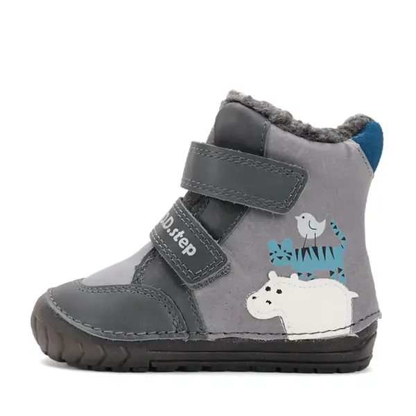 Ghete imblanite D.D.Step, piele naturala, talpa flexibila, gri, animalute din jungla_W029-52287B-20_Pebebe