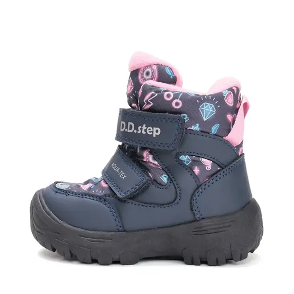 Ghete impermeabile D.D Step, captuseala din blana, Aqua-Tex, bleumarin cu print roz_P081-52616A-25_Pebebe