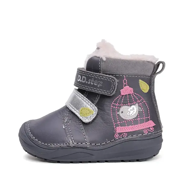 Ghete inalte din piele naturala pentru fete, D.D.Step, imblanite, gri inchis, pasare in colivie_W071-52381B-24_Pebebe