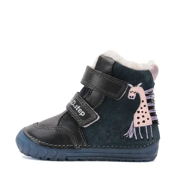 Ghete inalte imblanite D.D.Step, piele naturala, talpa flexibila si fluorsecenta, bleumarin, model cu girafa_W029-52766A-24_Pebebe