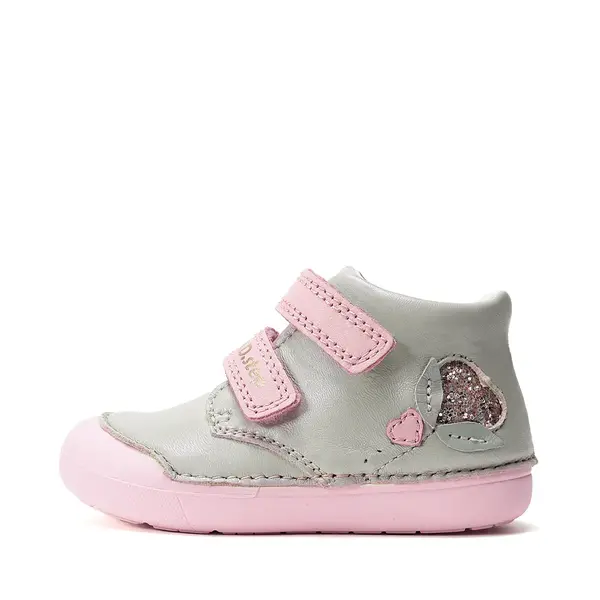 Pantofi D.D. Step fete, piele naturala, primii pași, talpa felxibilă, gri deschis, design cu inimoare_S066-61412B-22_Pebebe