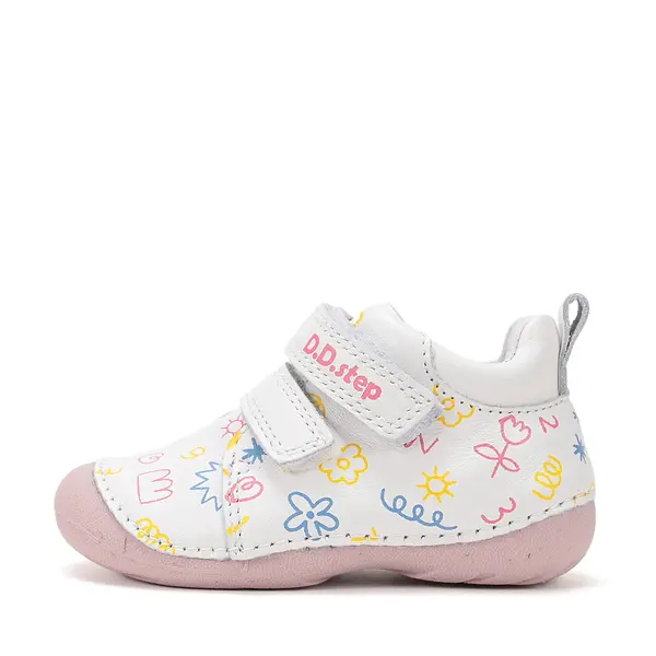 Pantofi D.D. Step fete, primii pasi, piele naturala, talpa flexibila, alb cu imprimeu flori_S015-61675-24_Pebebe