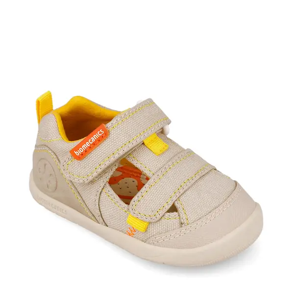 Sandale Barefoot Baieți, Biomecanics Wider Canvas cu Dublu Scai - Bej cu Accente Portocalii_262191-C891-20_Pebebe