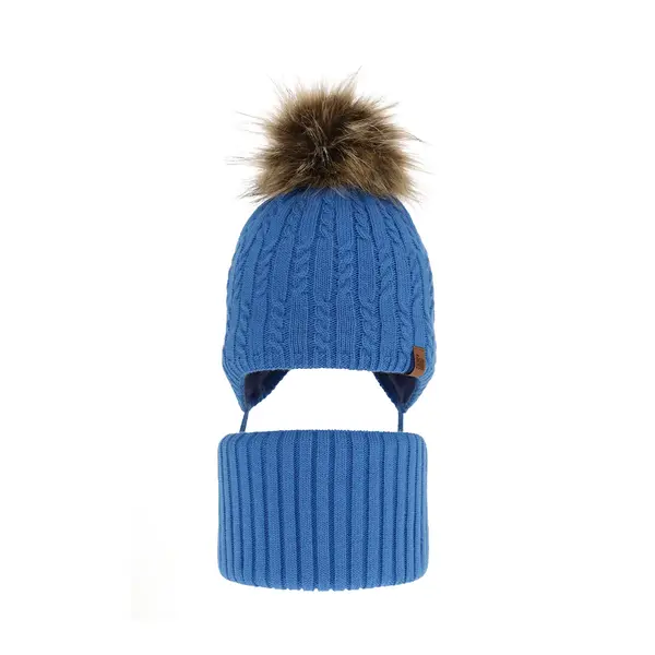 Set de iarnă pentru băieți, căciulă și fular-tub albastru maya Indigo, cu mot_6454-06_Pebebe