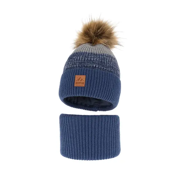Set de iarnă pentru băieți, căciulă și fular-tub albastru Buffalo, cu mot_6753-08_Pebebe