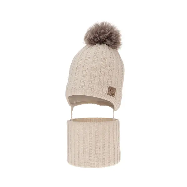 Set de iarnă pentru băieți, căciulă și fular-tub bej Endo, cu mot_7082-11_Pebebe