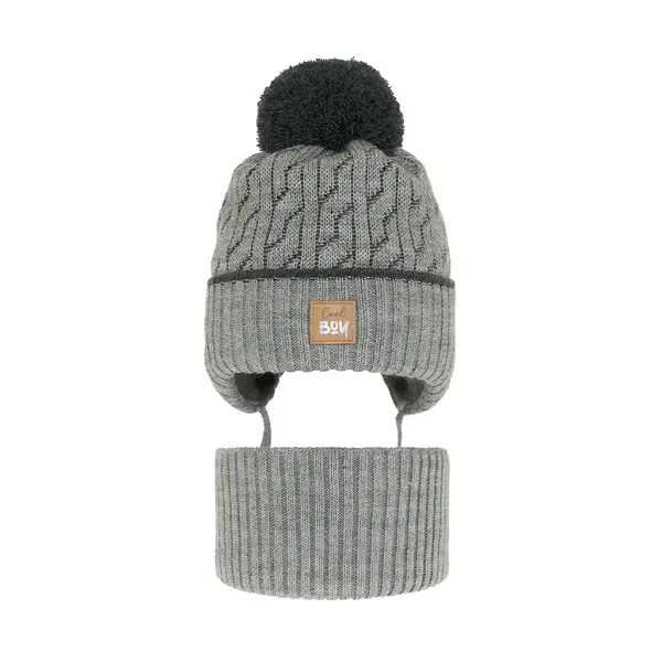Set de iarnă pentru băieți, căciulă și fular-tub gri Pikolo, cu mot_6216-04_Pebebe