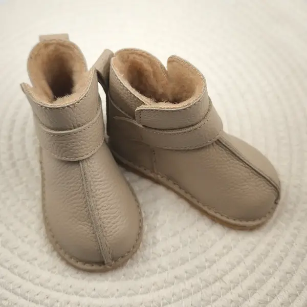 Cizme din piele pentru copii, barefoot, primii pasi, talpa flexibila, imblanite, bej_RO-106-29-22_Pebebe