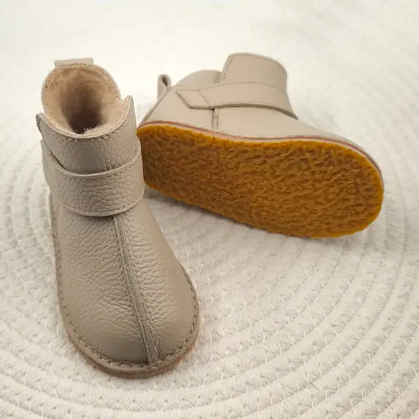 Cizme din piele pentru copii, barefoot, primii pasi, talpa flexibila, imblanite, bej_RO-106-29-22_Pebebe