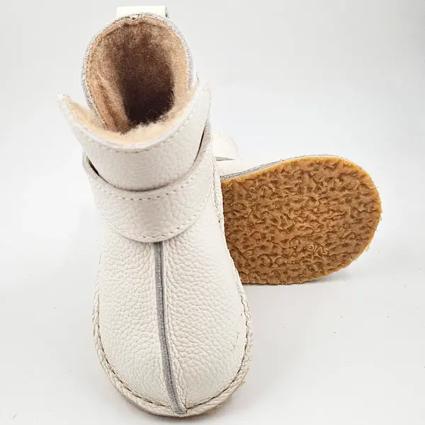 Cizme din piele pentru copii, barefoot, primii pasi, talpa flexibila, imblanite, crem_RO-106-14-22_Pebebe