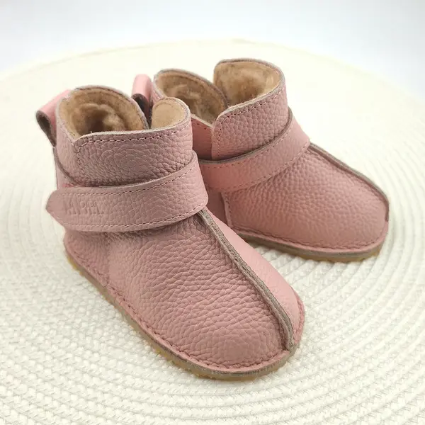 Cizme din piele pentru copii, primii pasi, barefoot, talpa flexibila, imblanite, roz deschis_RO-106-18-24_Pebebe
