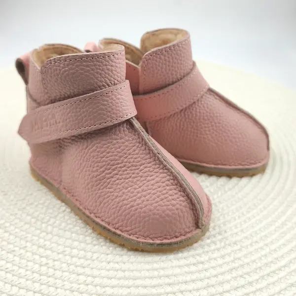 Cizme din piele pentru copii, primii pasi, barefoot, talpa flexibila, imblanite, roz deschis_RO-106-18-24_Pebebe