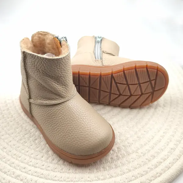 Cizme din piele pentru copii, primii pasi, talpa flexibila, imblanite, bej_RO-700-1-23_Pebebe