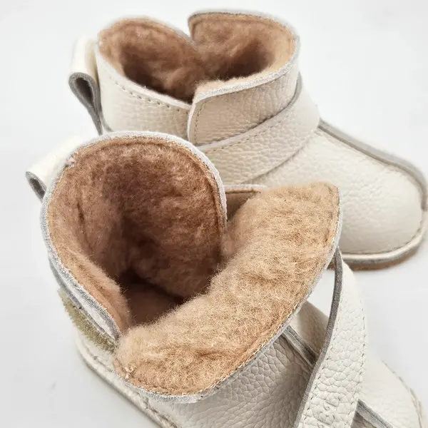 Cizme din piele pentru copii, barefoot, primii pasi, talpa flexibila, imblanite, crem_RO-106-14-18_Pebebe