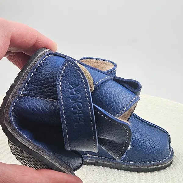Cizme din piele pentru copii, barefoot, primii pași, talpa flexibila, imblanite, bleumarin_RO-106-7-17_Pebebe