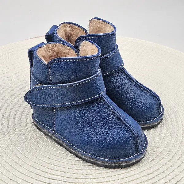 Cizme din piele pentru copii, barefoot, primii pași, talpa flexibila, imblanite, bleumarin_RO-106-7-17_Pebebe