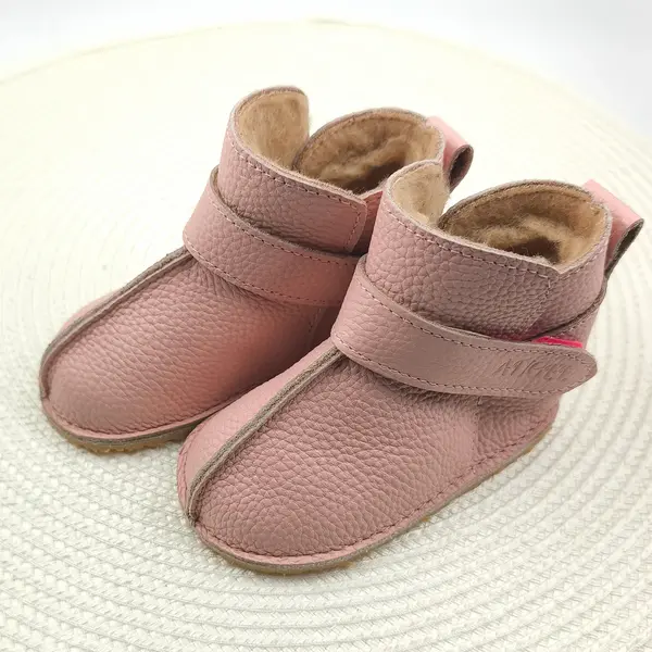 Cizme din piele pentru copii, primii pasi, barefoot, talpa flexibila, imblanite, roz deschis_RO-106-18-22_Pebebe