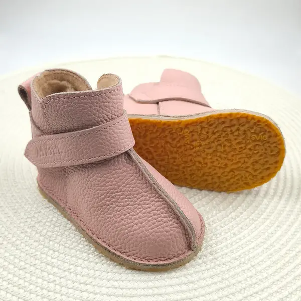 Cizme din piele pentru copii, primii pasi, barefoot, talpa flexibila, imblanite, roz deschis_RO-106-18-22_Pebebe