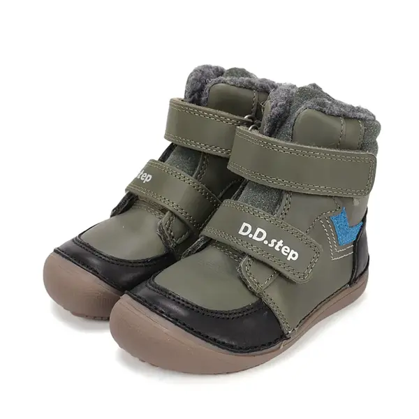 Ghete barefooot D.D Step baieti, piele naturala, talpa felxibilă, khaki cu negru_W063-52804M-25_Pebebe