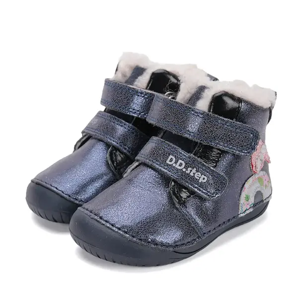 Ghete Barefoot fete, D.D Step, piele naturala, captuseala din blana, albastru sidef, curcubeu_W070-52624-24_Pebebe
