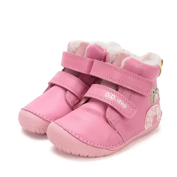 Ghete Barefoot fete, D.D Step, piele naturala, captuseala din blana, roz, curcubeu_W070-52624B-24_Pebebe