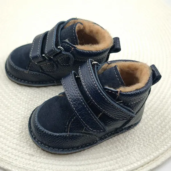 Ghete copii Barefoot, primii pasi, piele naturala, captuseala din blana, talpa felxibila, bleumarin, Stuy_RO-115-1-23_Pebebe