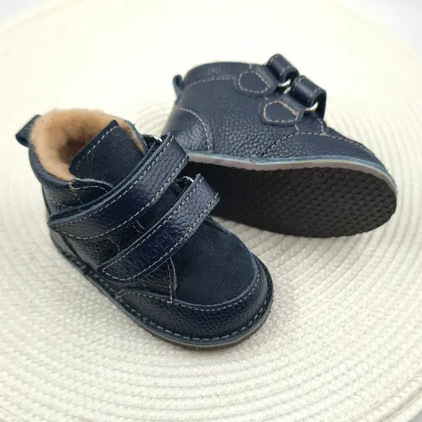 Ghete copii Barefoot, primii pasi, piele naturala, captuseala din blana, talpa felxibila, bleumarin, Stuy_RO-115-1-23_Pebebe