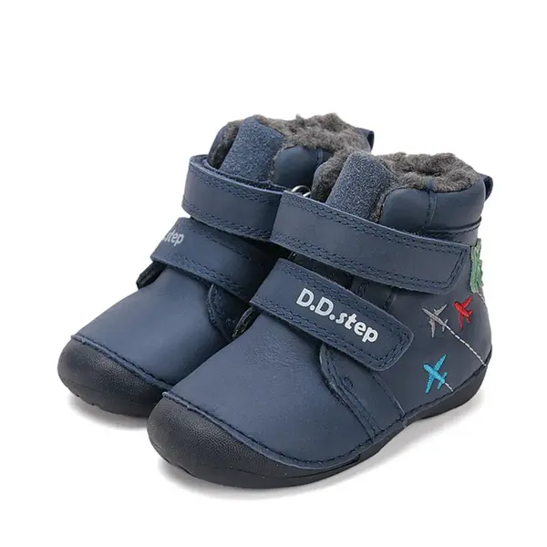 Ghete D.D Step baieti, piele naturala, talpa flexibila, imblanite, albastru cu avioane_W015-52347A-24_Pebebe