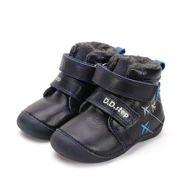 Ghete D.D Step baieti, piele naturala, talpa flexibila, imblanite, bleumarin cu avioane_W015-52347-24_Pebebe
