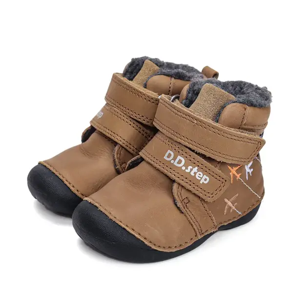 Ghete D.D Step baieti, piele naturala, talpa flexibila, imblanite, maro cu avioane_W015-52347B-20_Pebebe