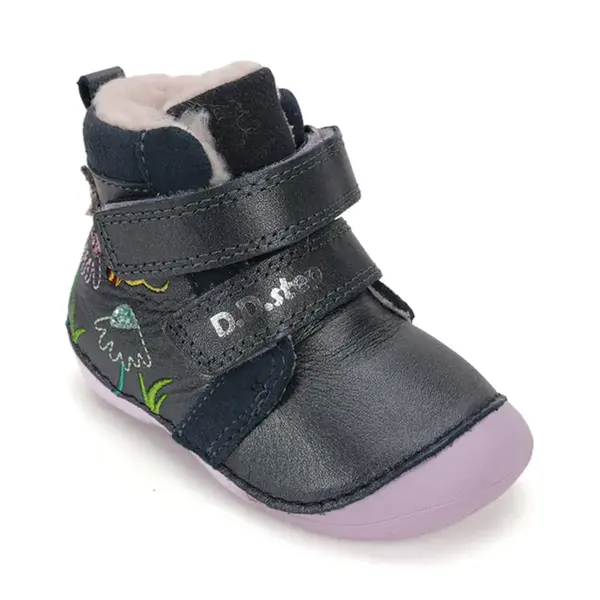 Ghete D.D Step fete, piele naturala, talpa flexibila, imblanite, bleumarin cu flori si albinute_W015-52997B-24_Pebebe