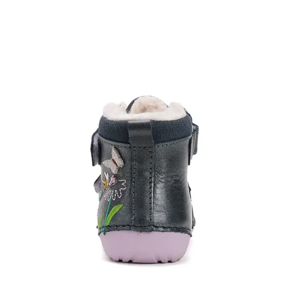 Ghete D.D Step fete, piele naturala, talpa flexibila, imblanite, bleumarin cu flori si albinute_W015-52997B-24_Pebebe