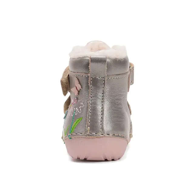 Ghete D.D Step fete, piele naturala, talpa flexibila, imblanite, bronz cu flori si albinute_W015-52997-24_Pebebe